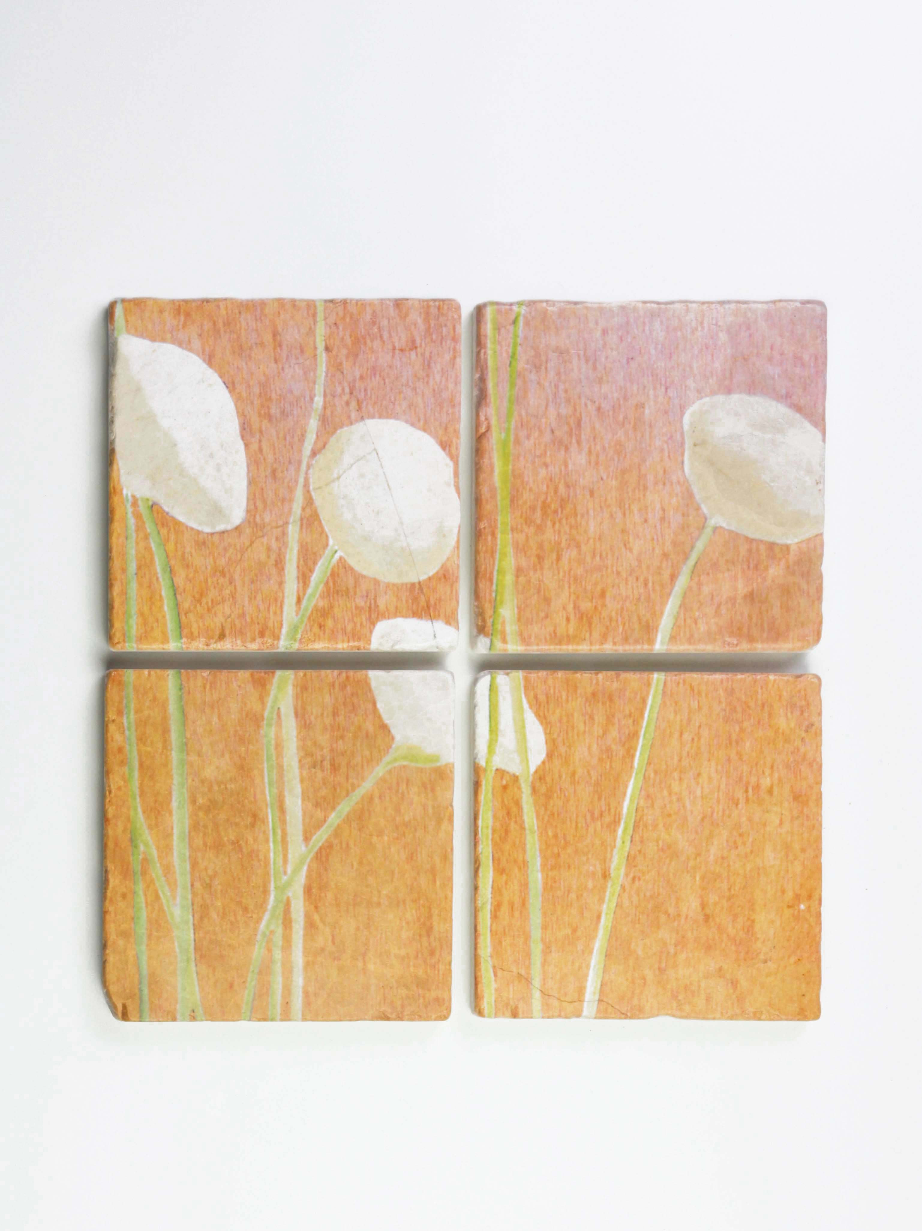 Coaster Set: Cream Flowers on Orange