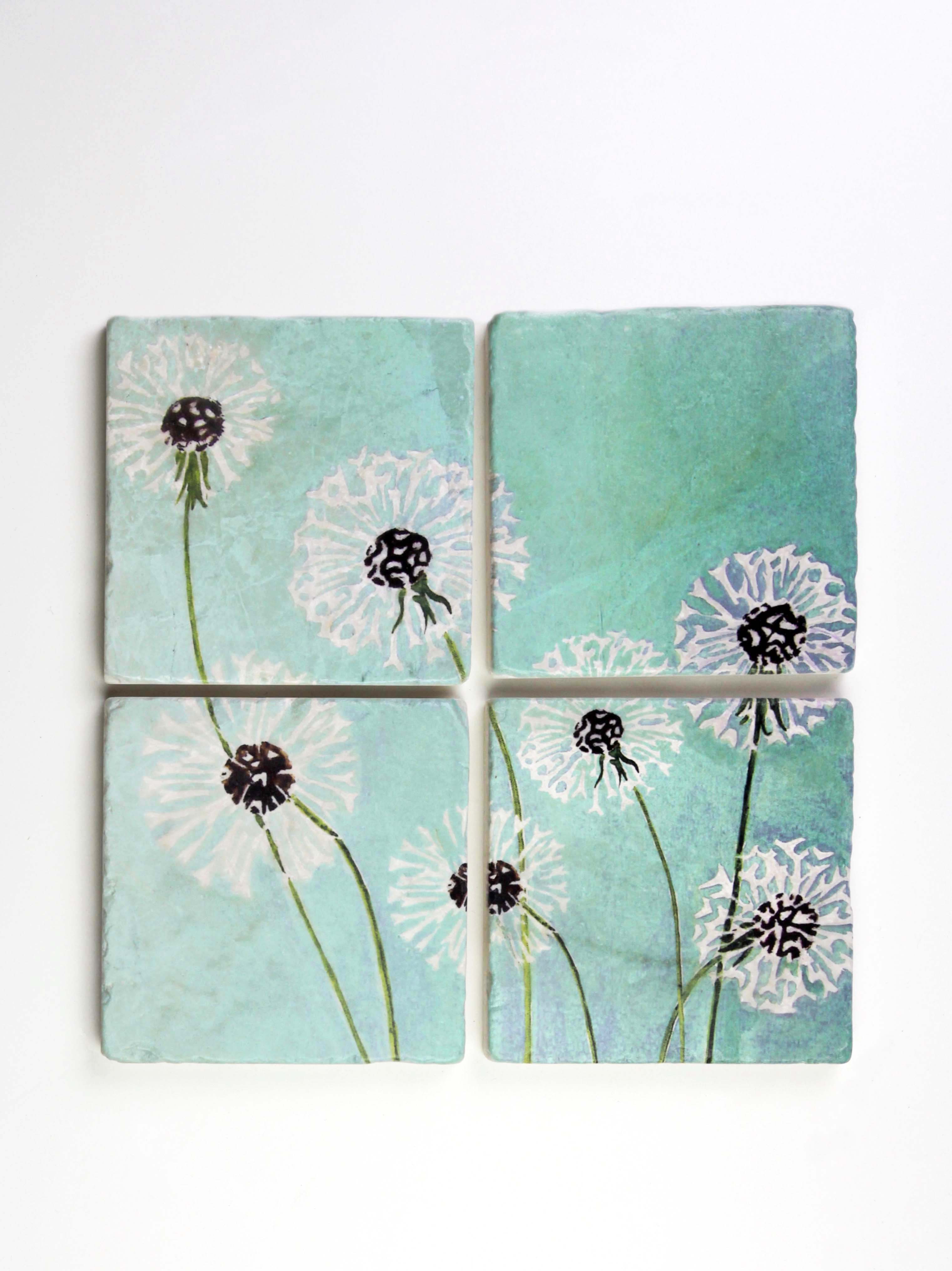 Coaster Set: Dandelions on Aqua