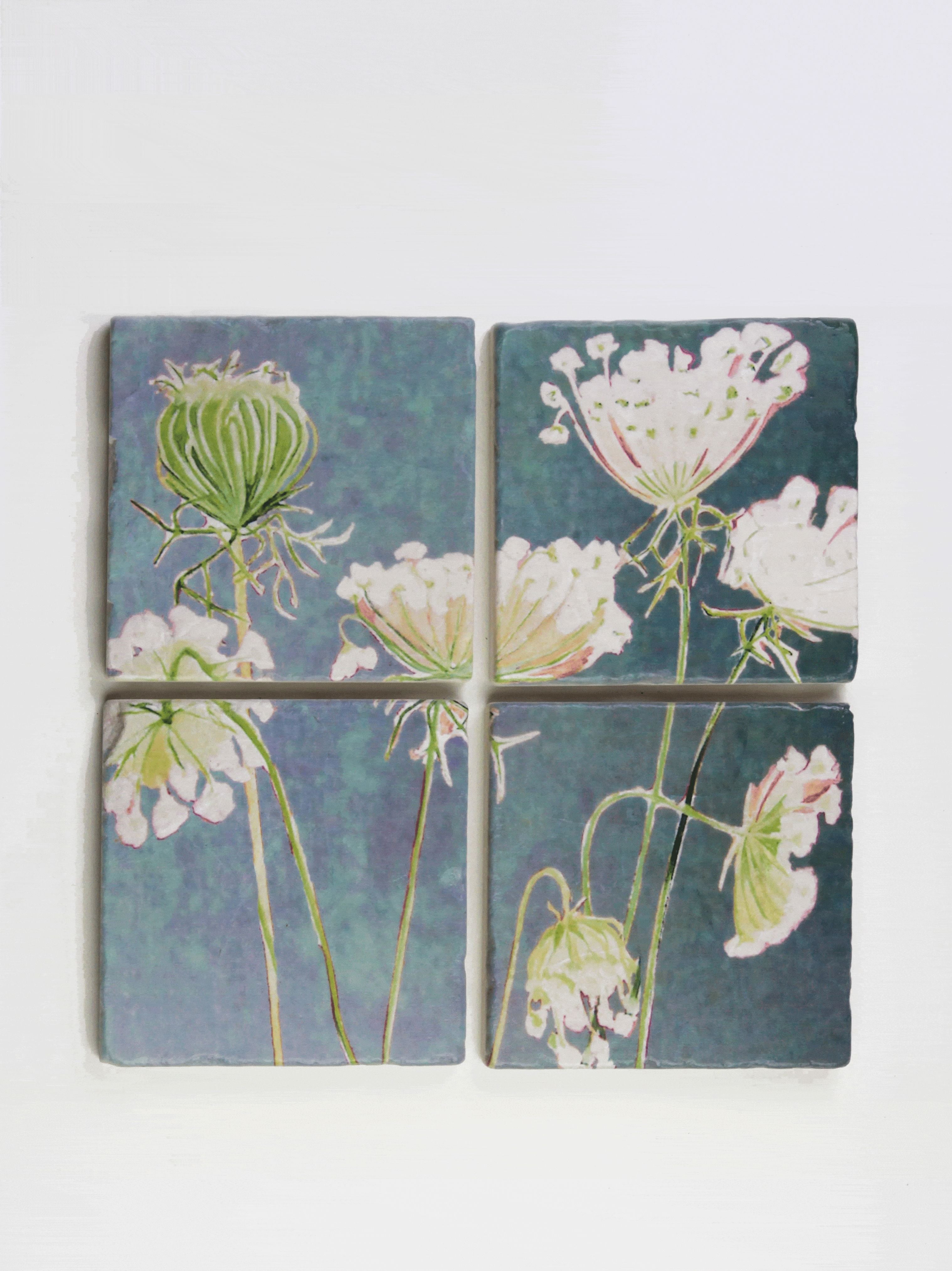 Coaster Set: Queen Anne's Lace on Teal