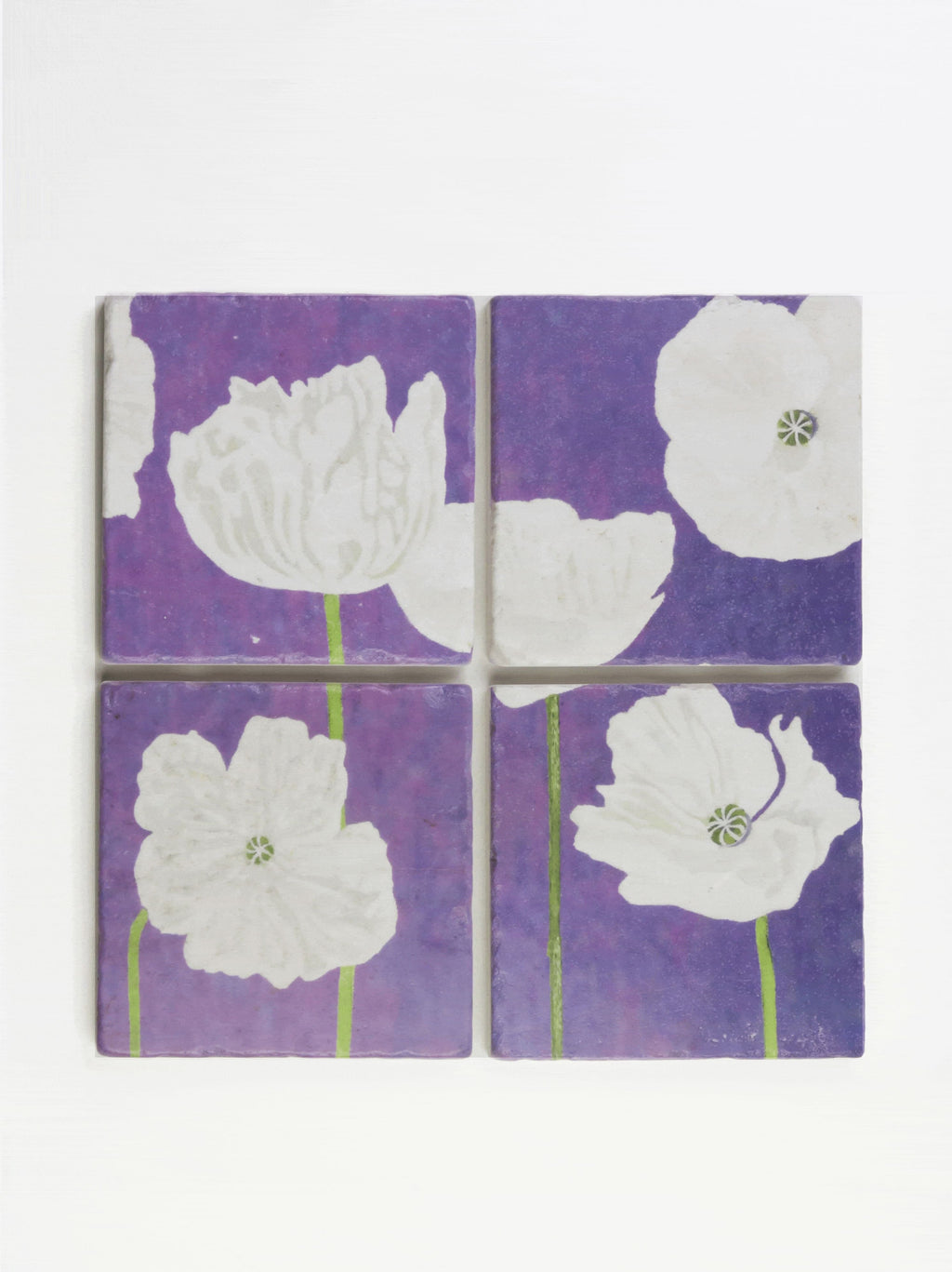 Coaster Set: White Poppies on Violet
