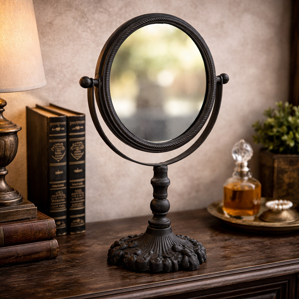Round Pivoting Vanity Mirror - Cast Iron Stand