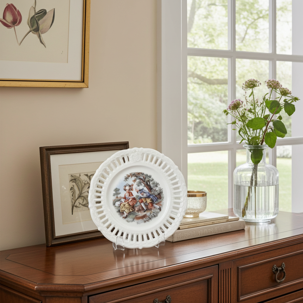 Vintage Kemple Milk Glass Openwork Plate w/ Romantic Scene