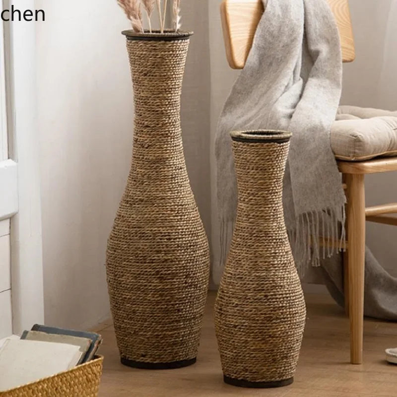 Rattan & Bamboo Glass Vase - Handwoven Natural