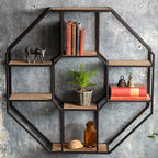 Hexagonal Display Shelves - Iron Frame and Eight Solid Wood Shelves