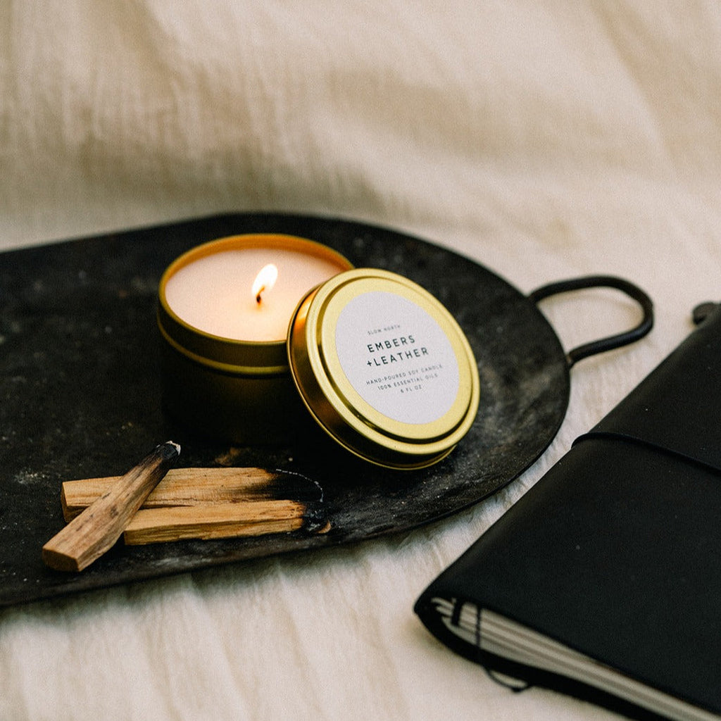 Embers + Leather Travel Candle – Vetiver, Cedar & Patchouli