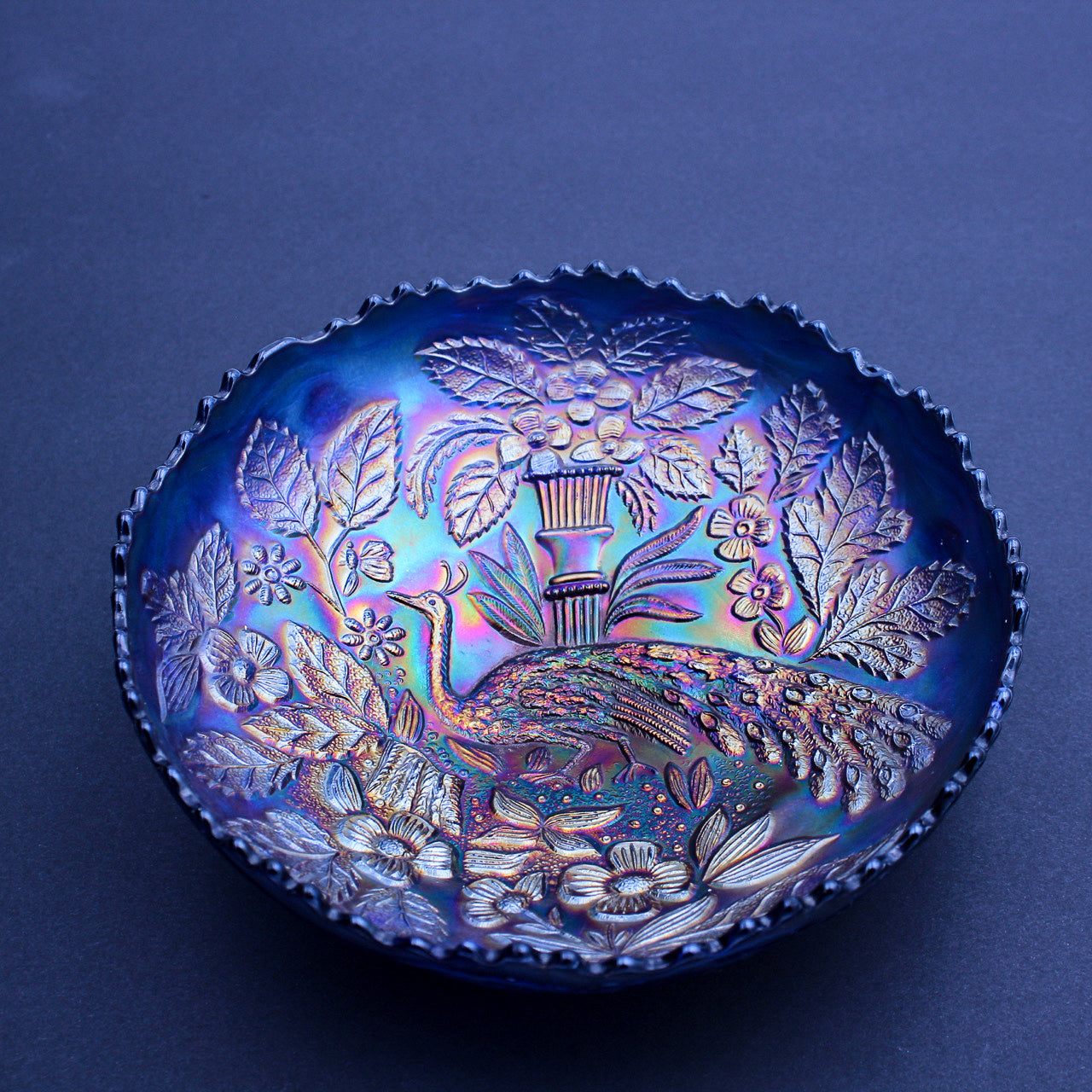 Fenton Blue Iridescent Peacock & Urn Carnival Glass Bowl