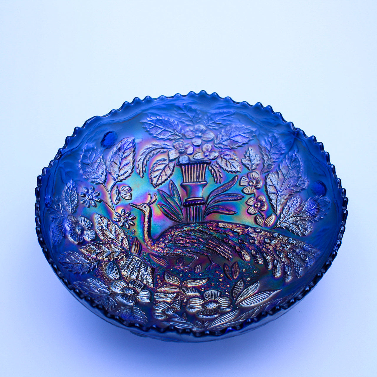 Fenton Blue Iridescent Peacock & Urn Carnival Glass Bowl