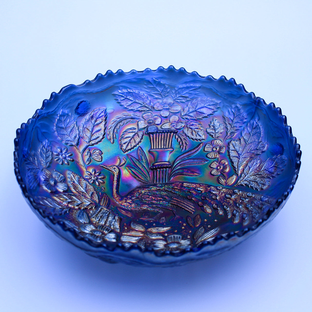 Fenton Blue Iridescent Peacock & Urn Carnival Glass Bowl