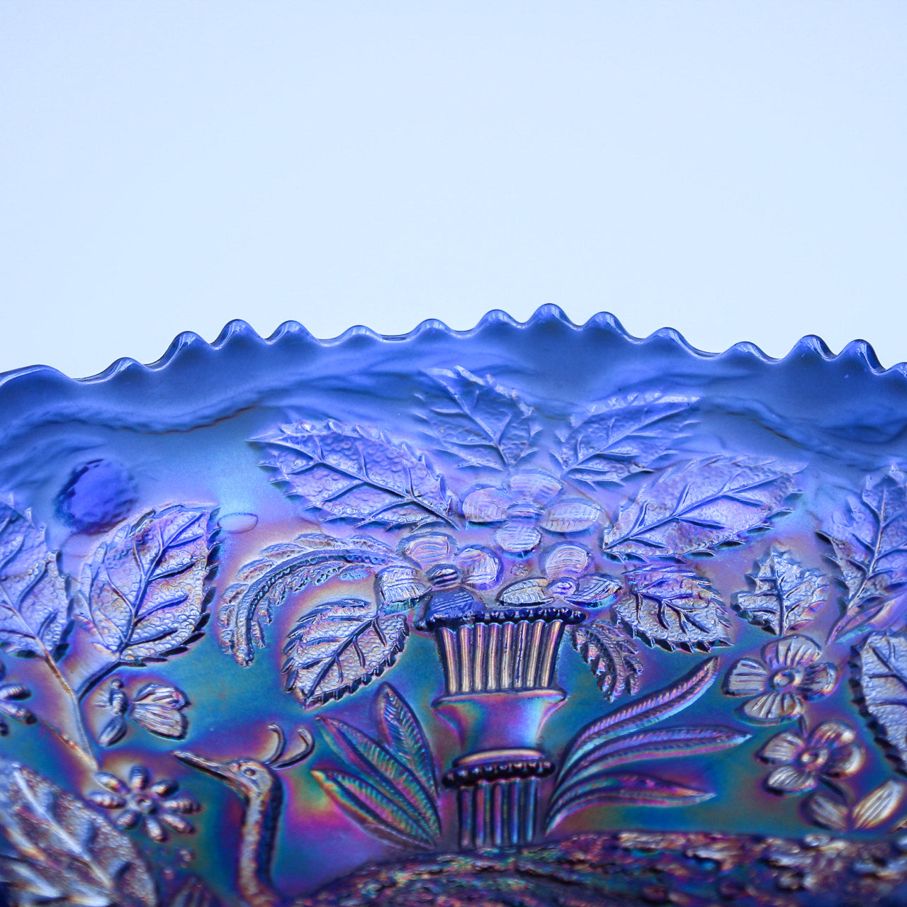 Fenton Blue Iridescent Peacock & Urn Carnival Glass Bowl