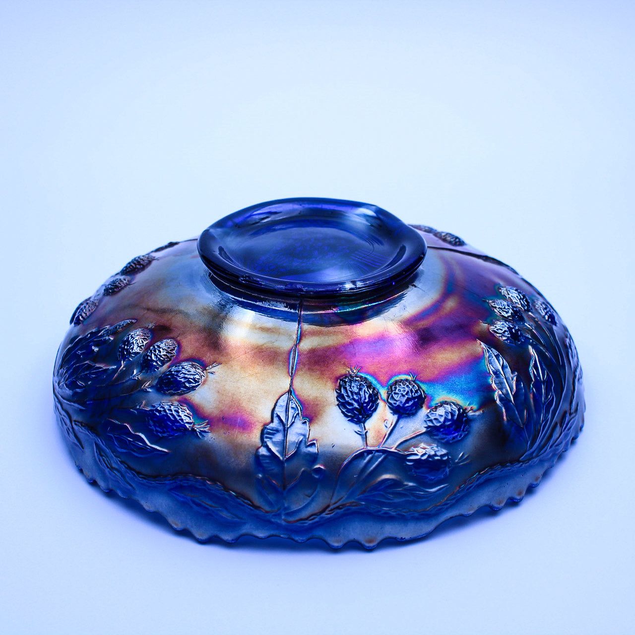 Fenton Blue Iridescent Peacock & Urn Carnival Glass Bowl