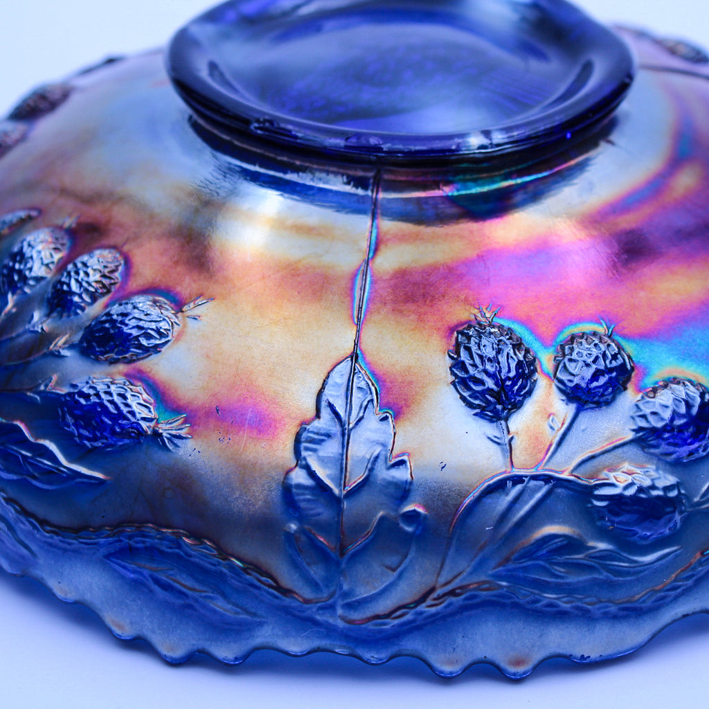 Fenton Blue Iridescent Peacock & Urn Carnival Glass Bowl