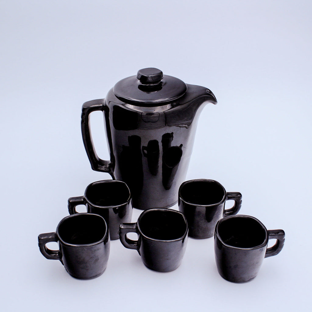 Frankoma Black Gloss Teapot Set — 5T Teapot + 5 Demitasse Cups