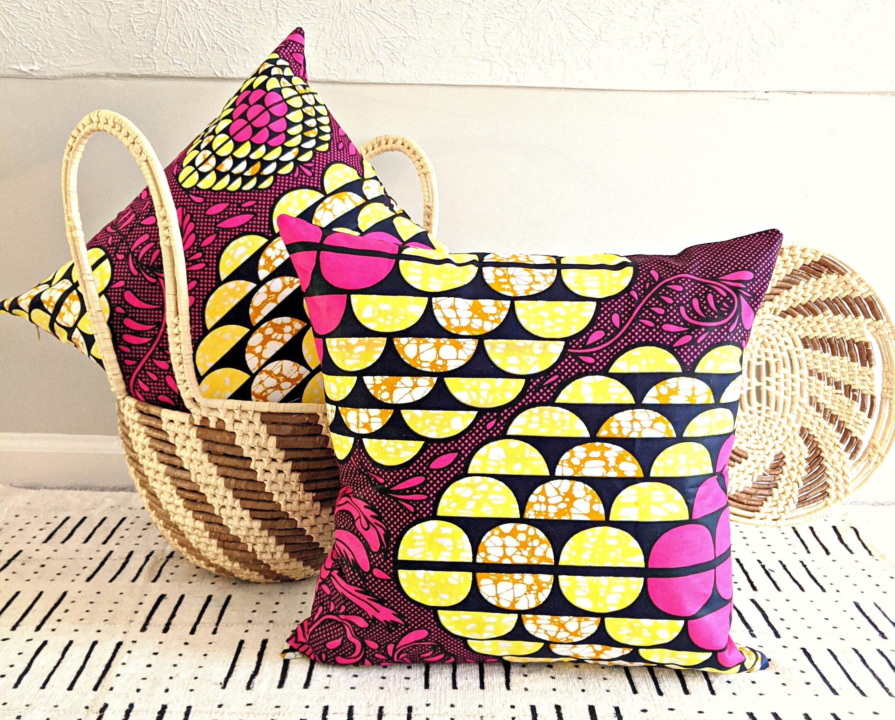African Print Fabric Pillow Cover -Fuchsia Black Yellow