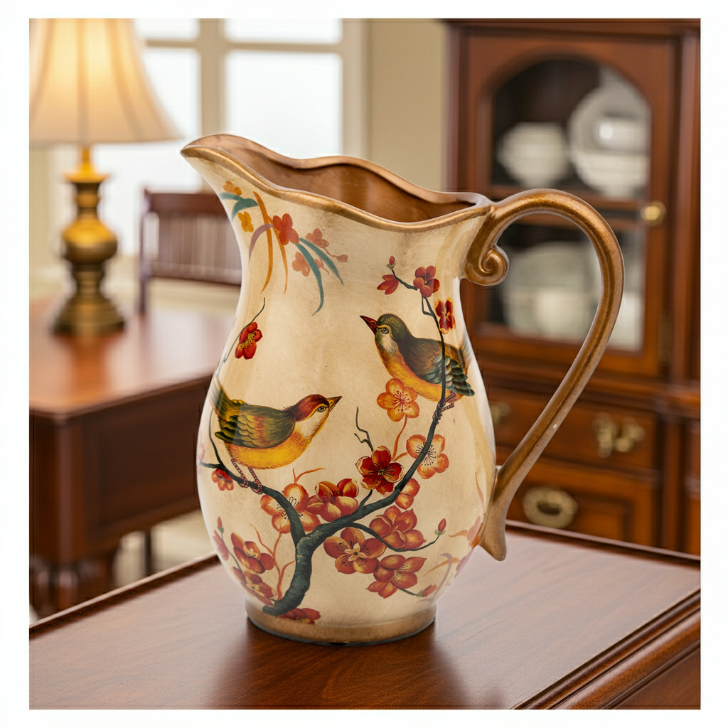 Hand-Painted Ceramic Songbird Pitcher with Floral Branches - Gold-painted detailing