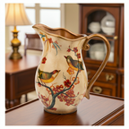 Hand-Painted Ceramic Songbird Pitcher with Floral Branches - Gold-painted detailing