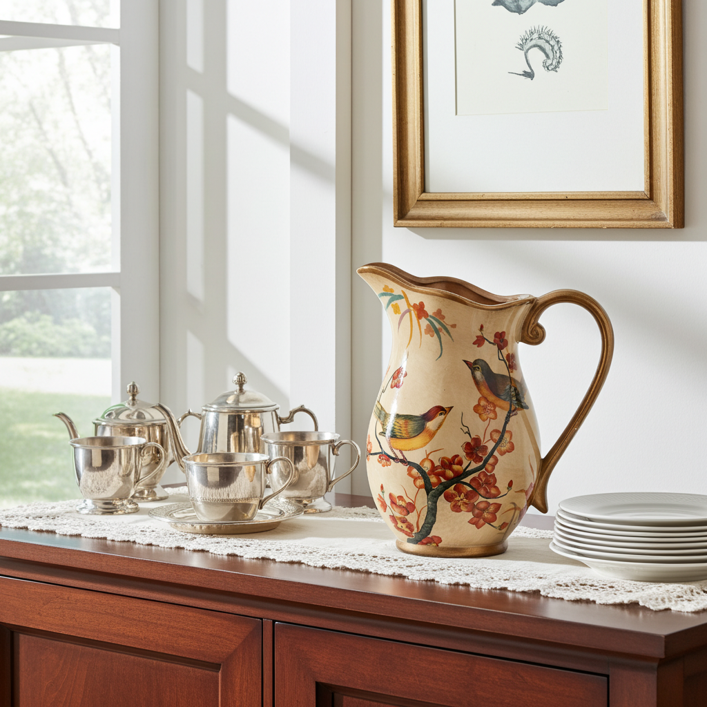 Hand-Painted Ceramic Songbird Pitcher with Floral Branches - Gold-painted detailing