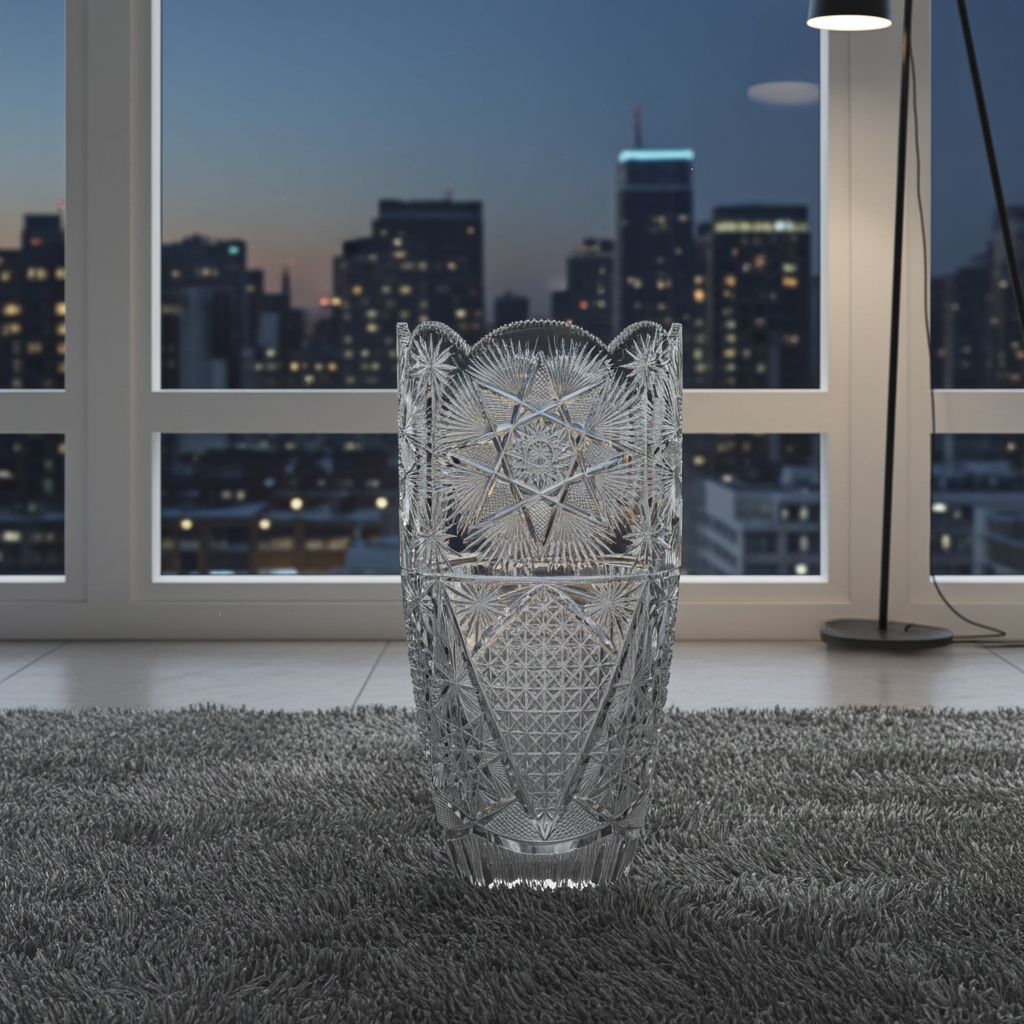 Large Sawtooth Rim Cut Crystal Vase - Starburst & Diamond Cuts