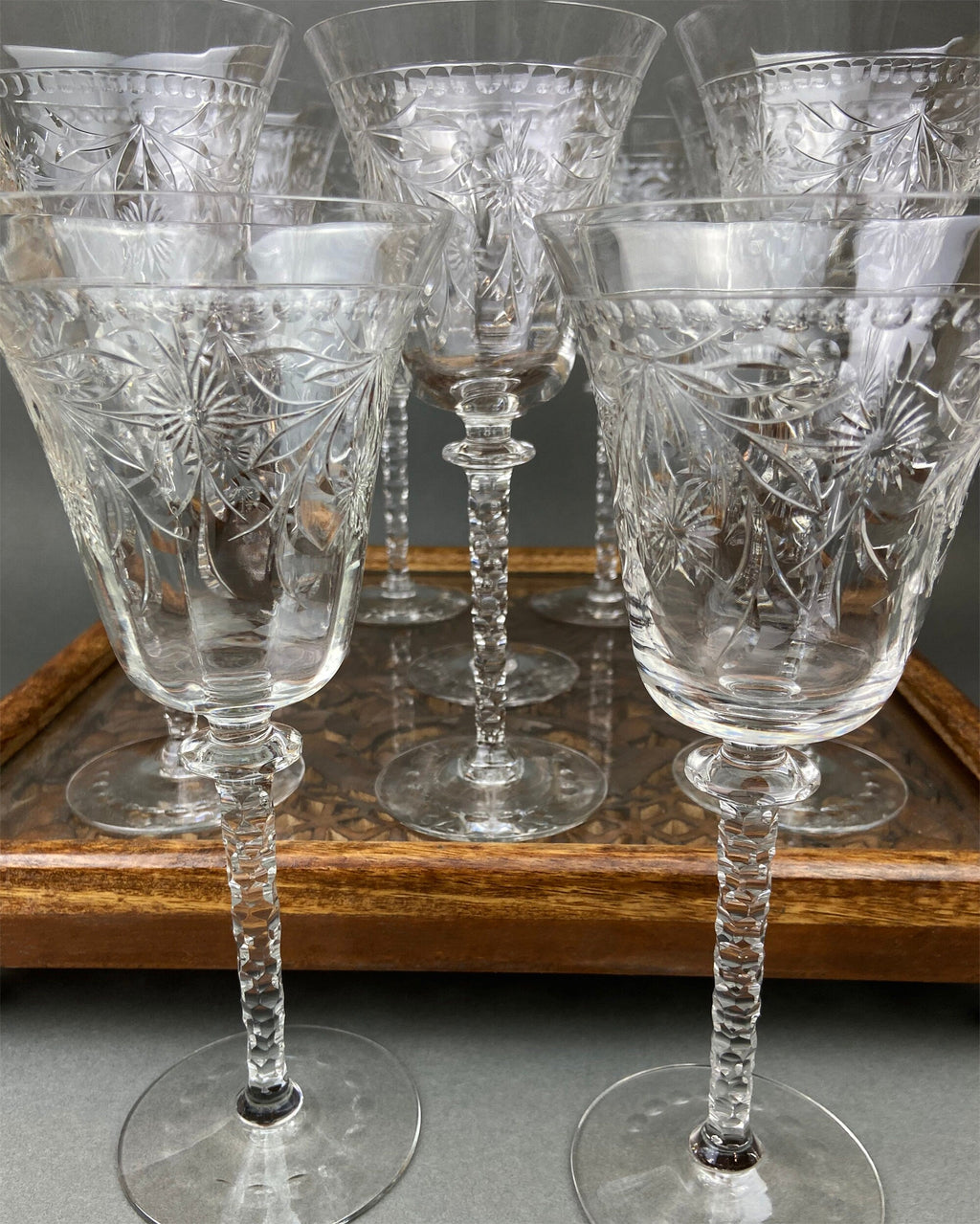 Cut Crystal Wine Goblets – Daisy Garland Motif, Set of Ten