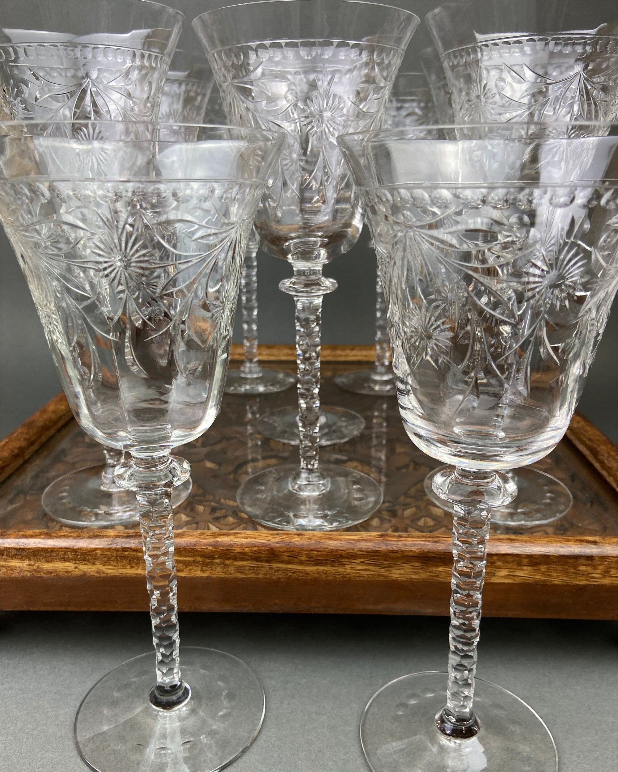 Cut Crystal Wine Goblets – Daisy Garland Motif, Set of Ten