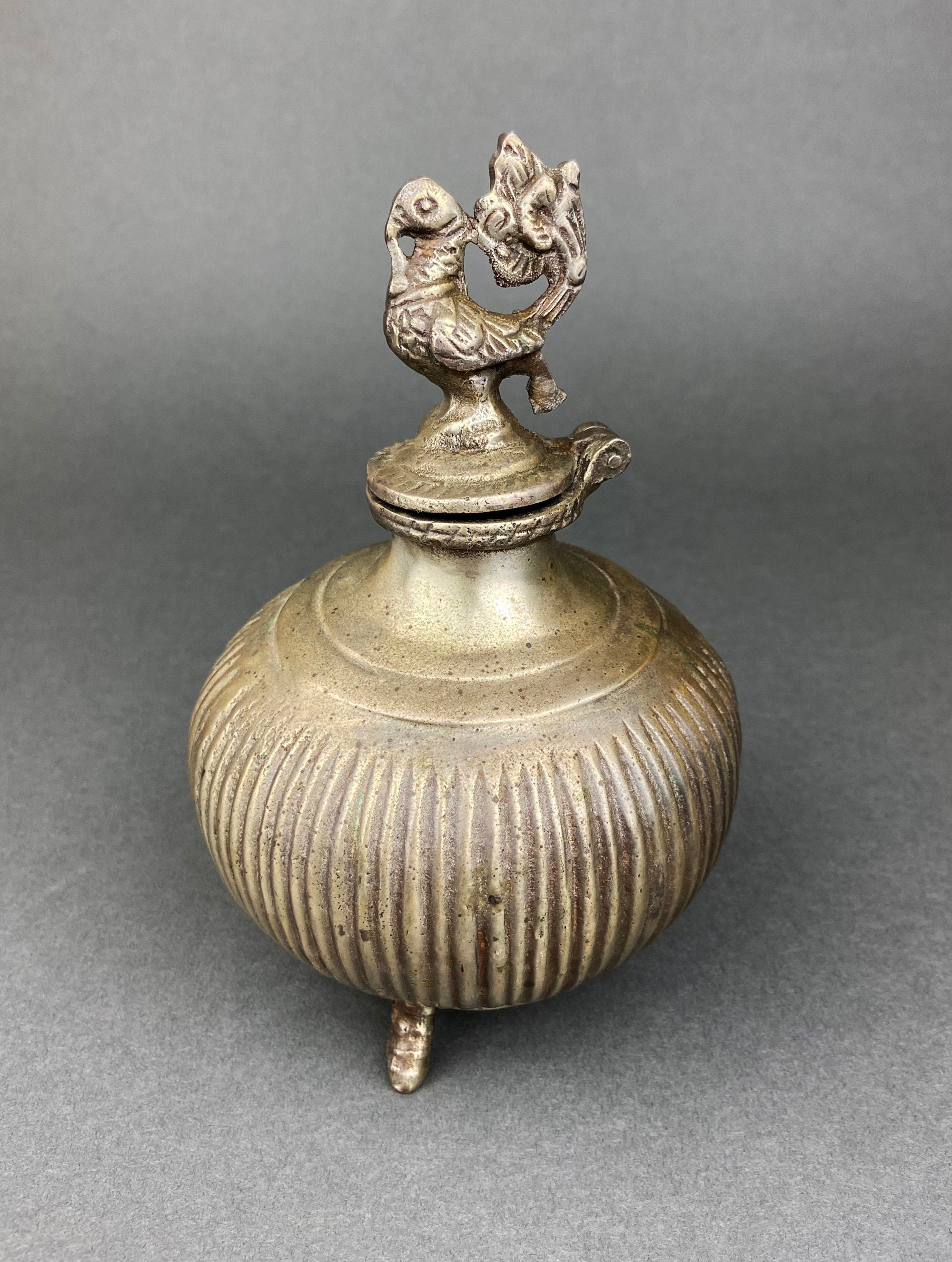 Indian Metal Vase with Peacock Lid – Sculptural Collectible Accent