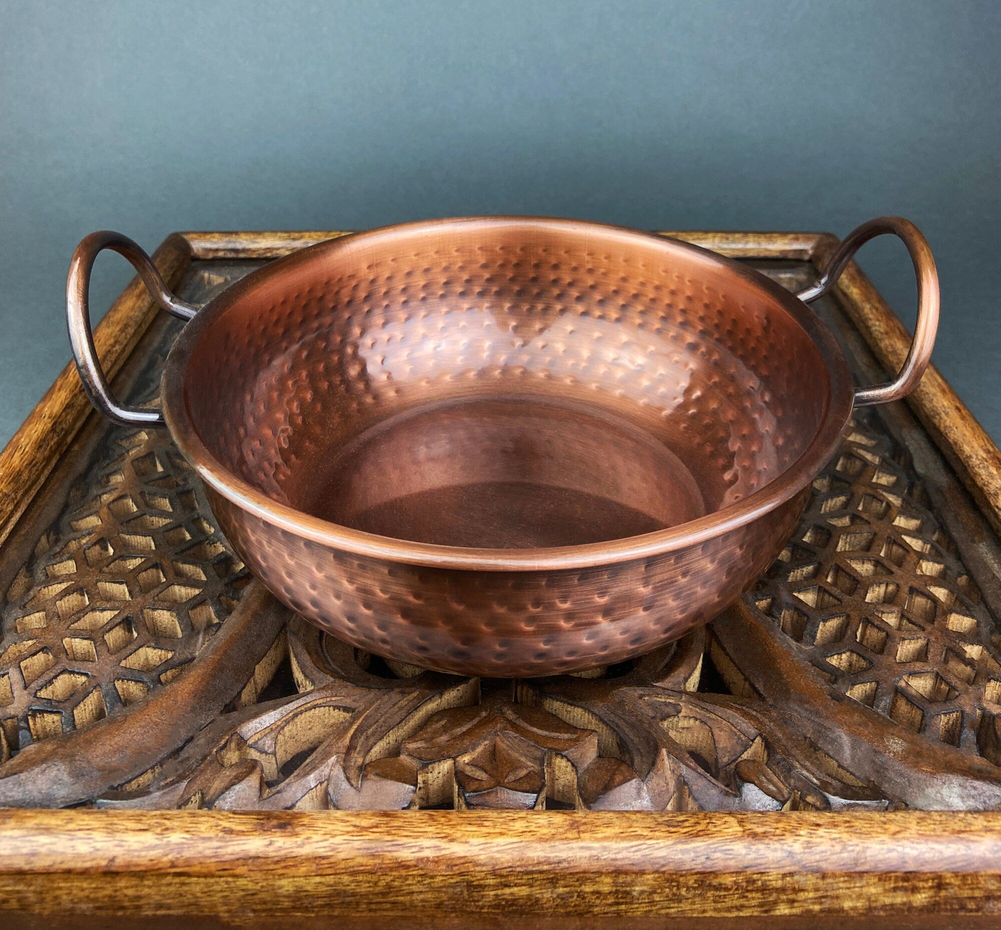 Hand Hammered Copper Bowl with Handles – Rustic Serving Dish