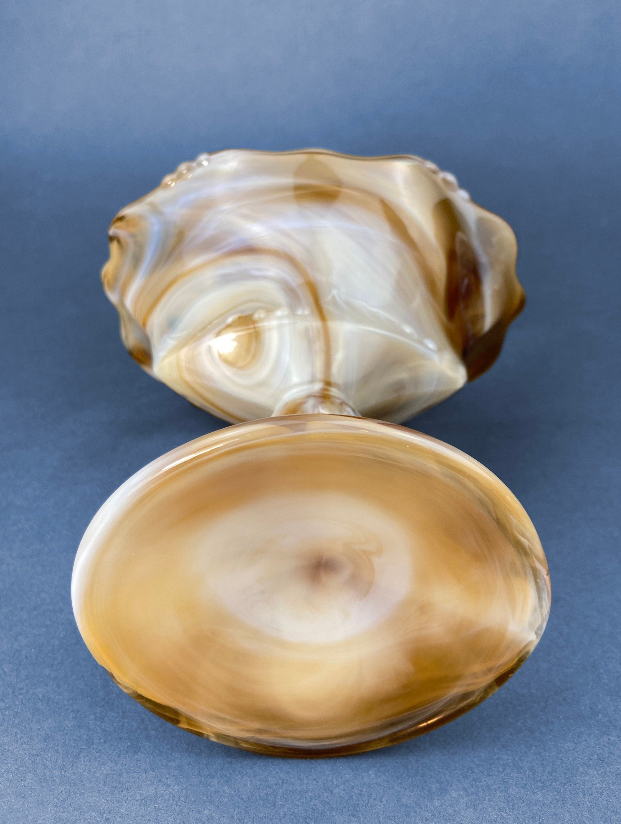 Vintage Slag Glass Footed Bowl – Brown & White Marbled Compote