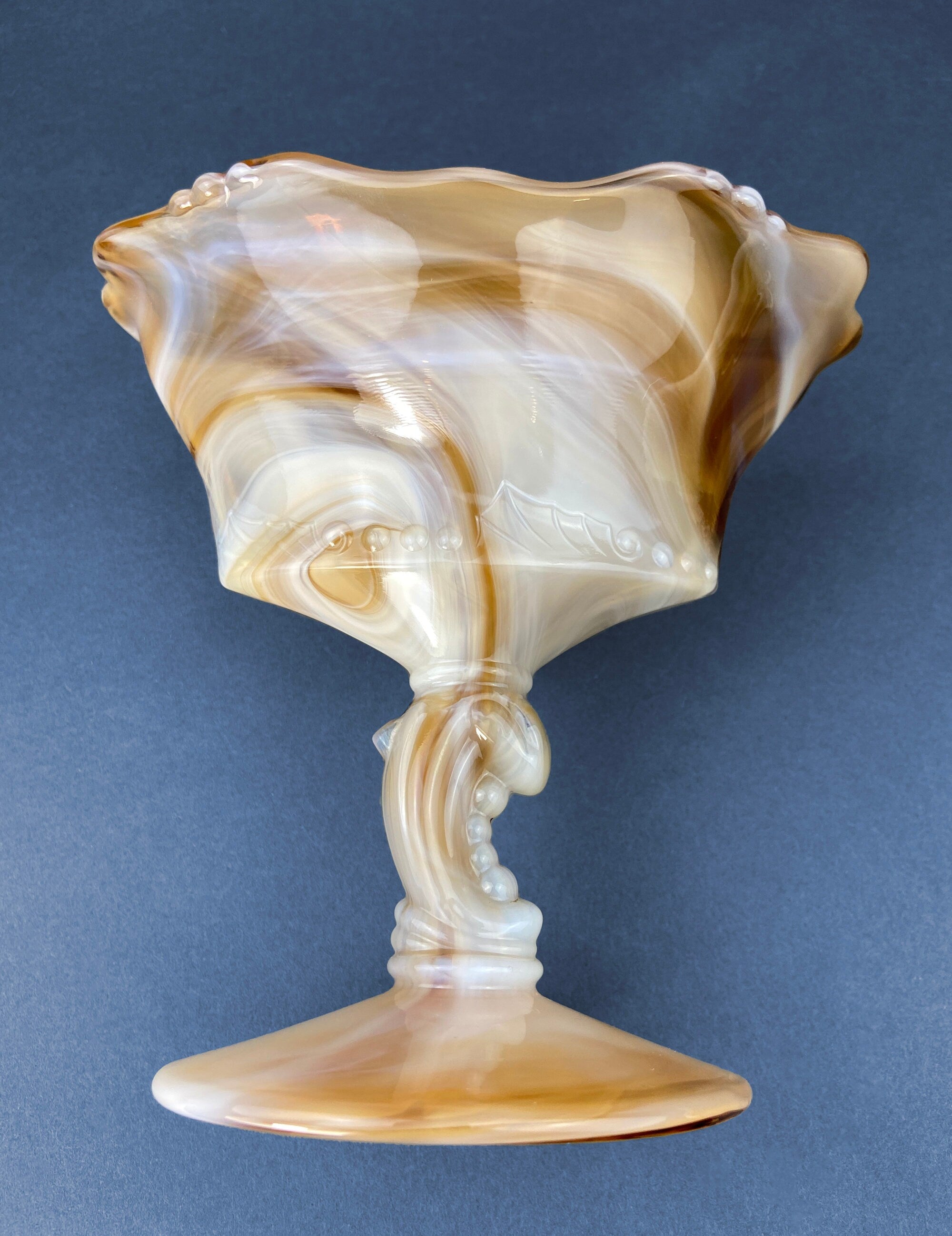 Vintage Slag Glass Footed Bowl – Brown & White Marbled Compote