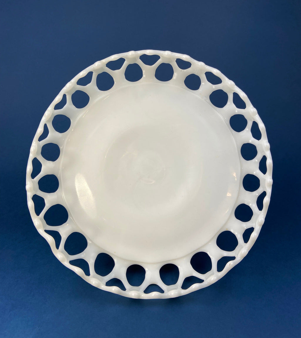 Westmoreland Milk Glass Pedestal Fruit Bowl – Doric Pattern with Lace Edge