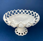 Westmoreland Milk Glass Pedestal Fruit Bowl – Doric Pattern with Lace Edge