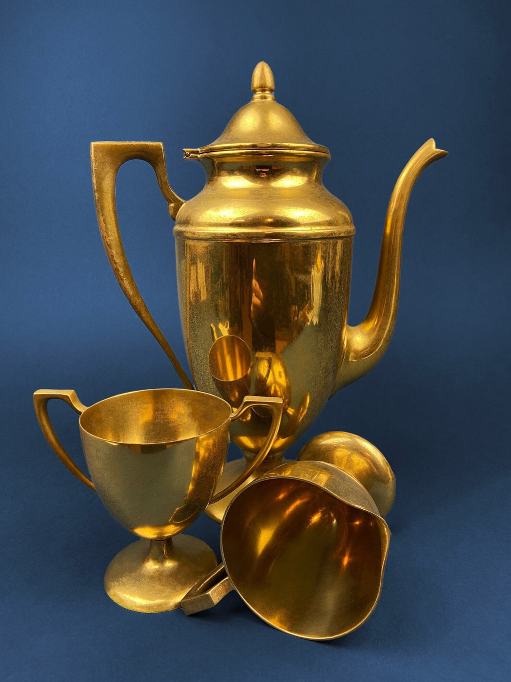 Brass Coffee Pot, Creamer & Sugar Bowl Set – Art Deco Handle Detailing