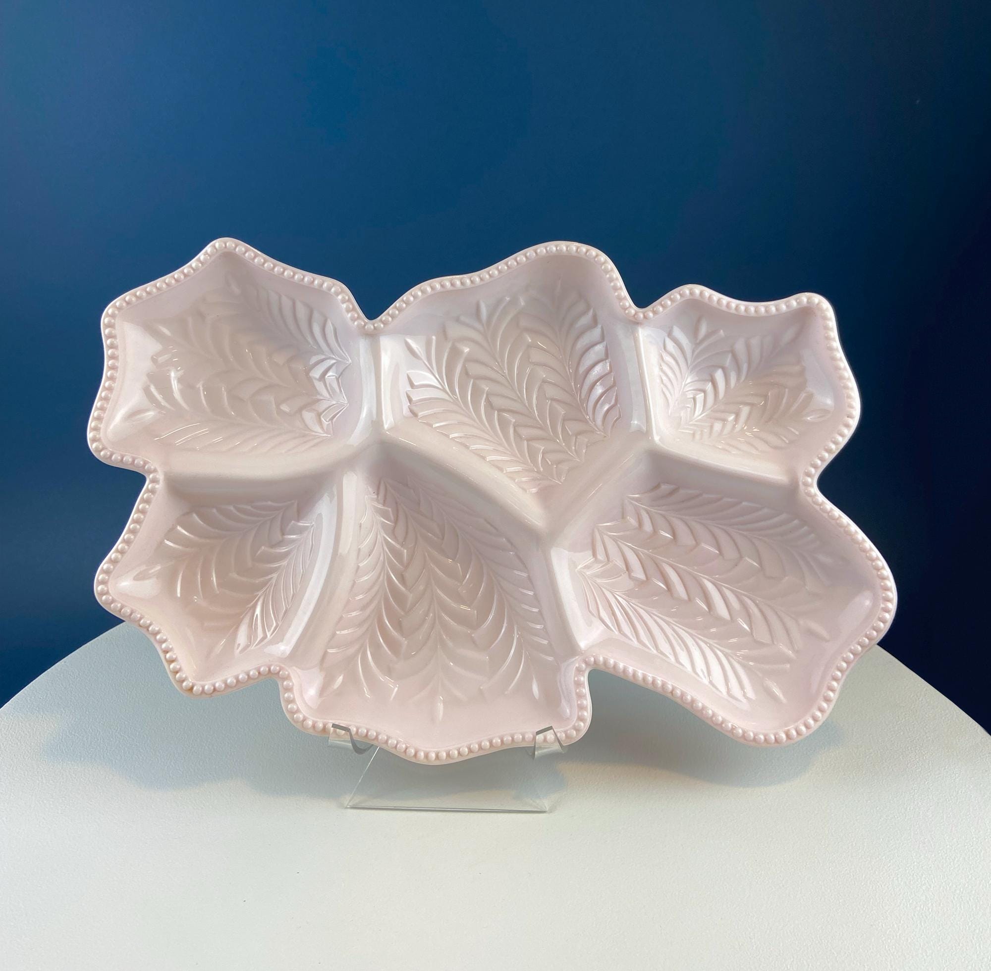 Shell Pink Jeanette Milk Glass Divided Platter – Six‑Section Feather Motif