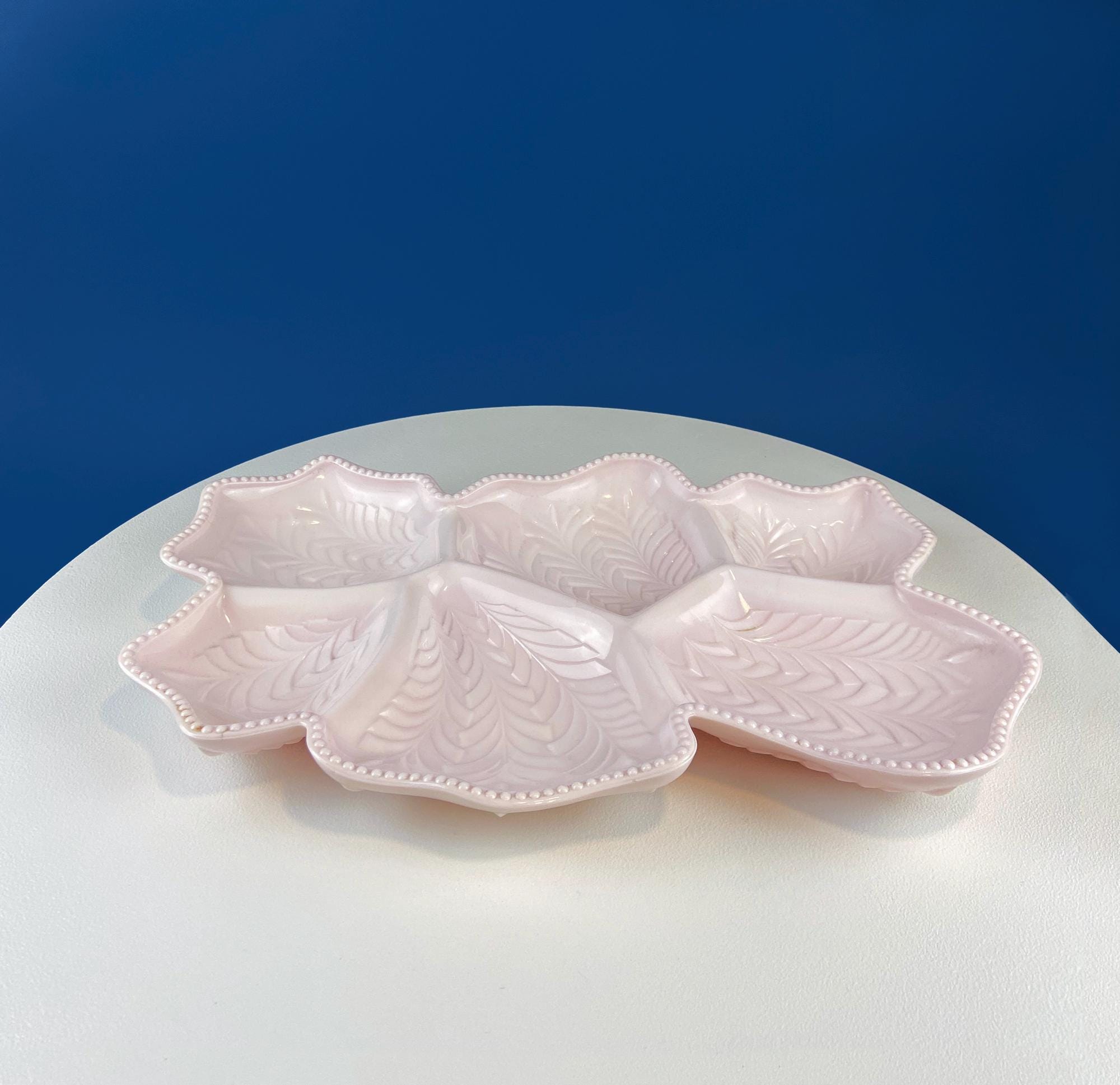Shell Pink Jeanette Milk Glass Divided Platter – Six‑Section Feather Motif