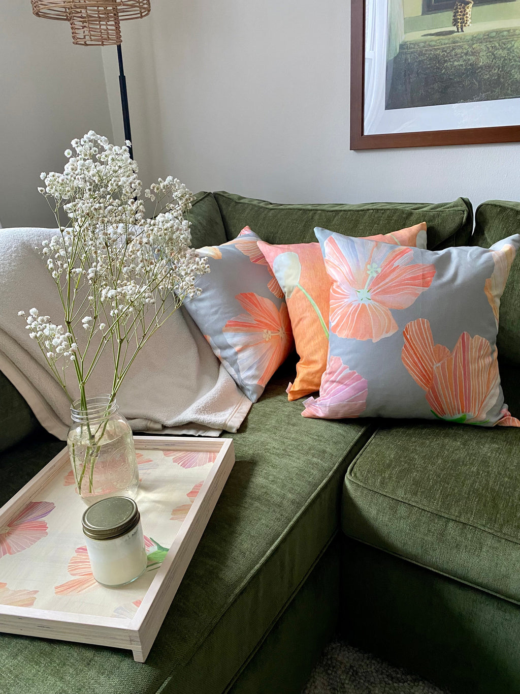 Throw Pillow: Hibiscus on Grey
