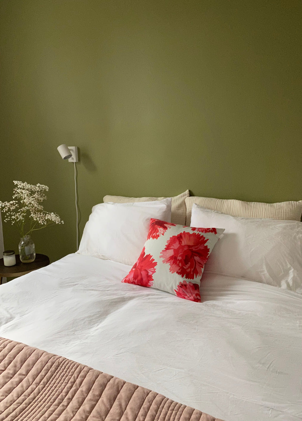Throw Pillow: Red Carnations on Snow