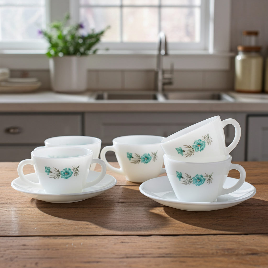 Fire‑King Bonnie Blue Milk Glass Cup and Saucer Set – Six‑Piece Floral Tea Service