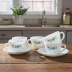 Fire‑King Bonnie Blue Milk Glass Cup and Saucer Set – Six‑Piece Floral Tea Service
