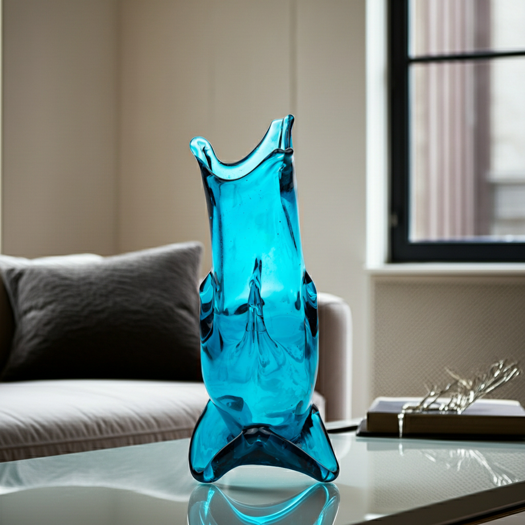 Hand-Blown Blue Art Glass Vase - Turquoise Sculptural Form