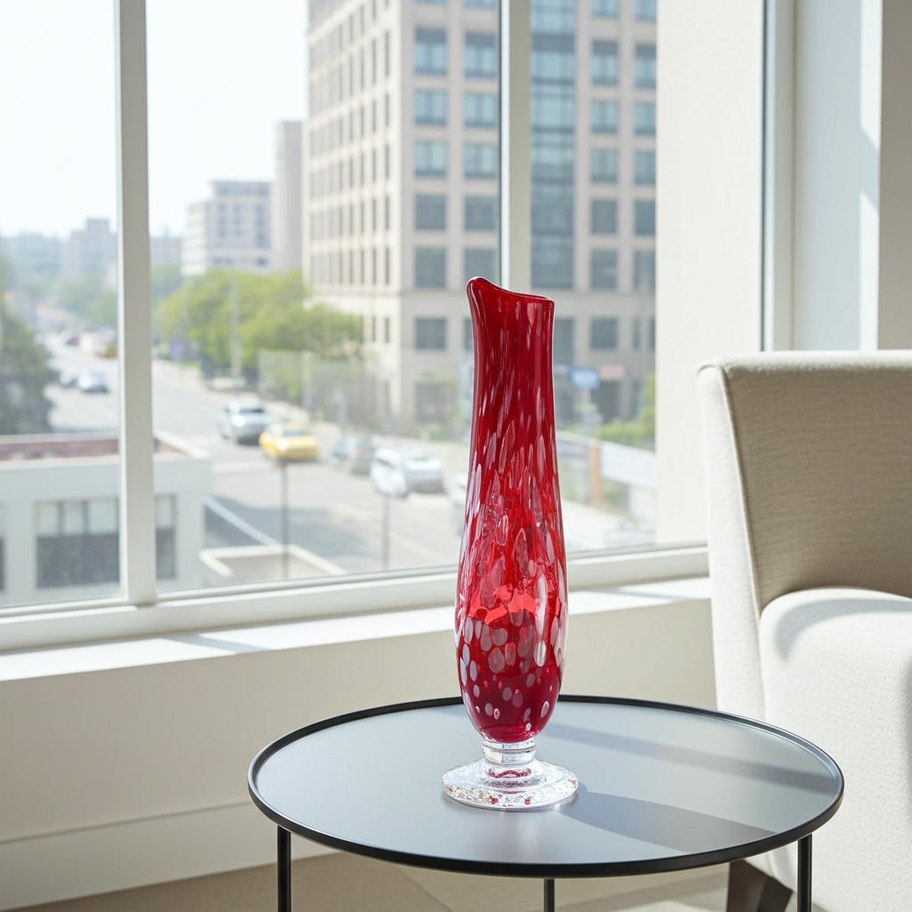 Handblown Red & Clear Swung Glass Vase with Pressed Base, 12 Inch