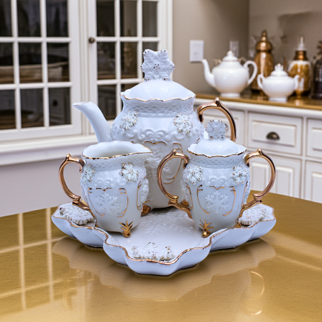 Hand‑Painted Teapot Set with Tray, Creamer & Sugar Bowl