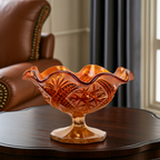 Imperial Marigold Open Rose Ruffled Bowl – Carnival Glass Pedestal