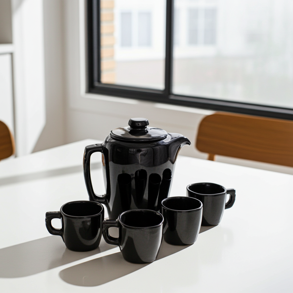 Frankoma Black Gloss Teapot Set — 5T Teapot + 5 Demitasse Cups