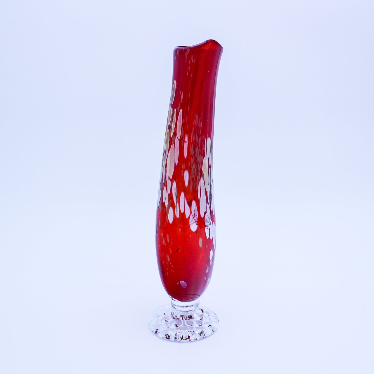 Handblown Red & Clear Swung Glass Vase with Pressed Base, 12 Inch