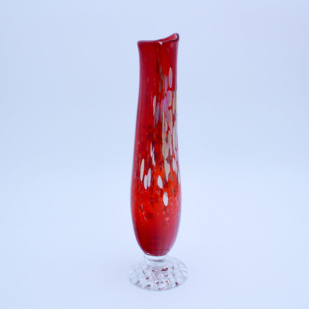 Handblown Red Swung Glass Vase with Clear Pressed‑Glass Base — 12" H