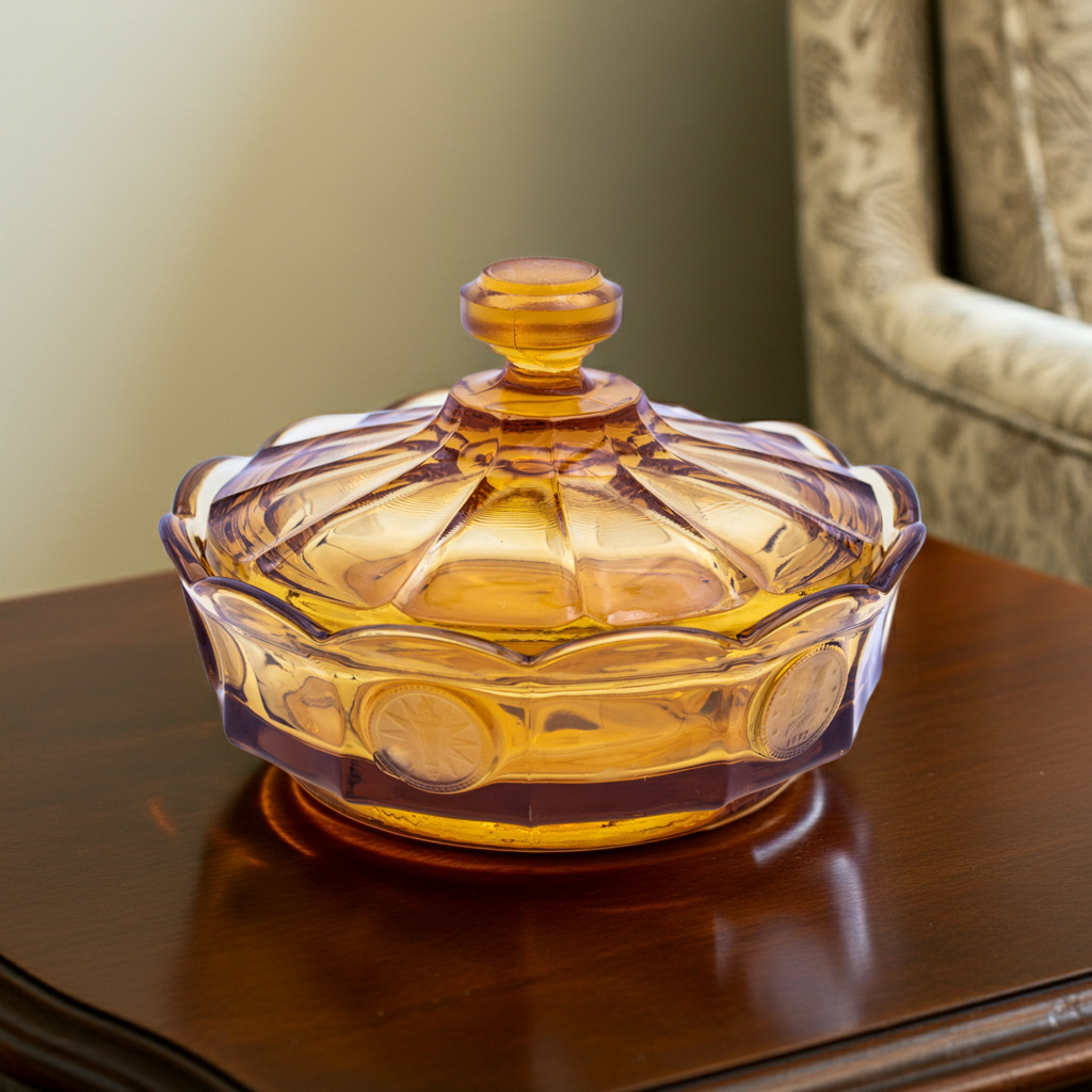Fostoria Amber American Coin Glass Candy Dish with Lid 6"