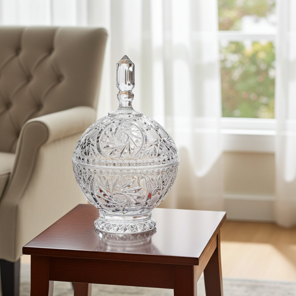 Polonia Cut Crystal Candy Jar - Faceted Finial & Starburst Cut