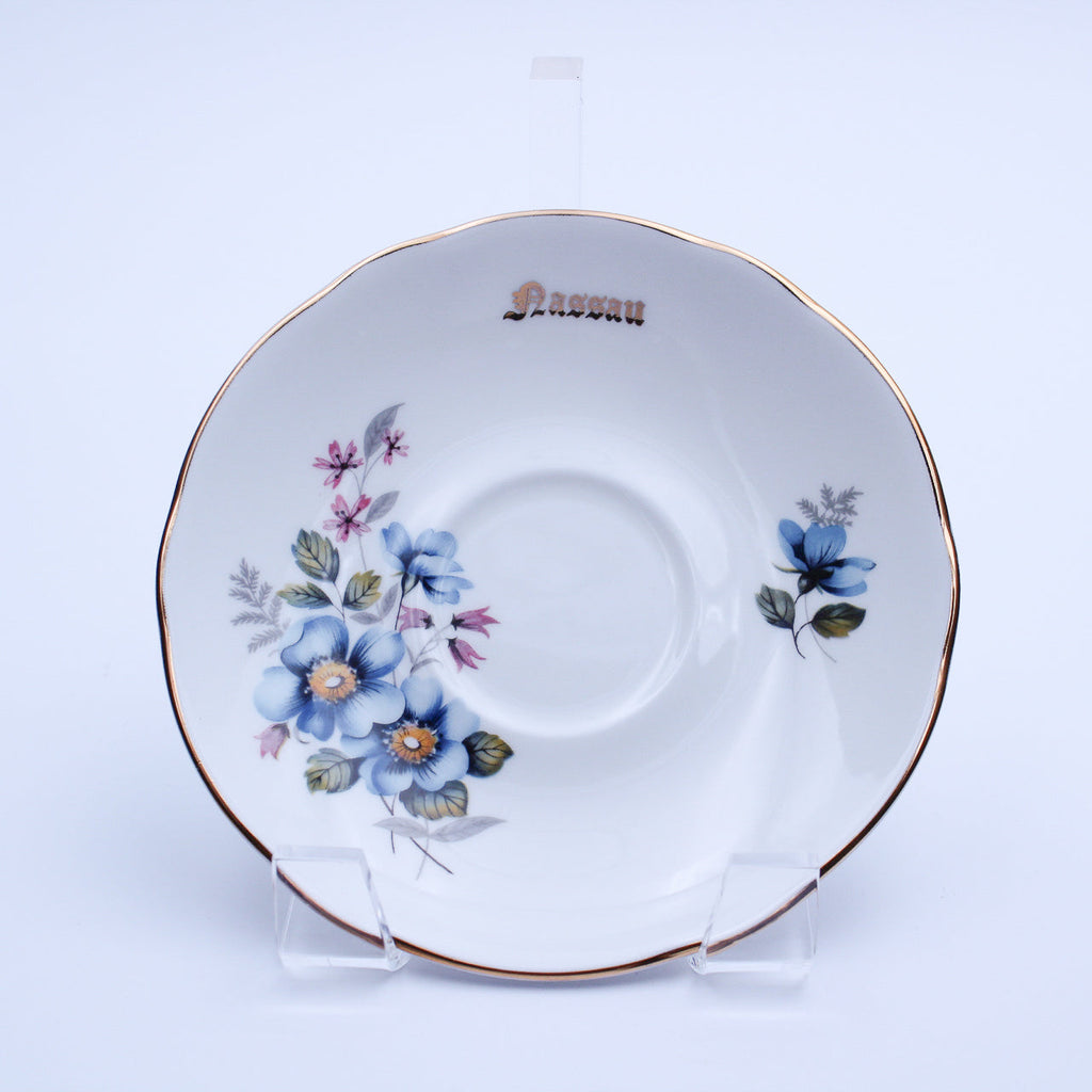 Liverpool Road Pottery Bone China Teacup & Saucer, Blue Floral, Gold Nassau, England