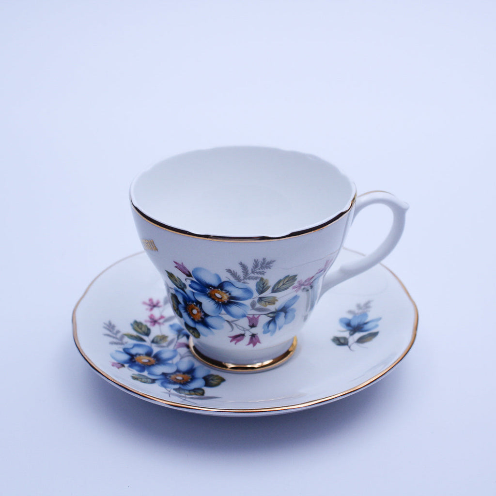 Liverpool Road Pottery Bone China Teacup & Saucer, Blue Floral, Gold Nassau, England
