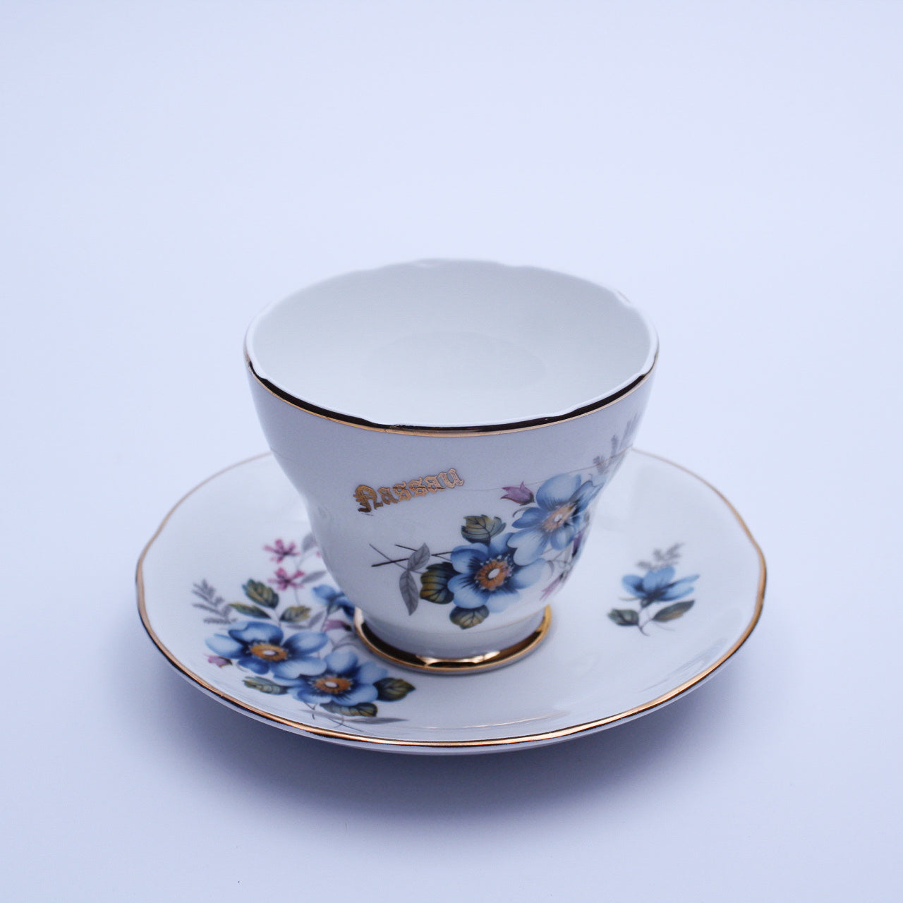 Liverpool Road Pottery Bone China Teacup & Saucer, Blue Floral, Gold Nassau, England