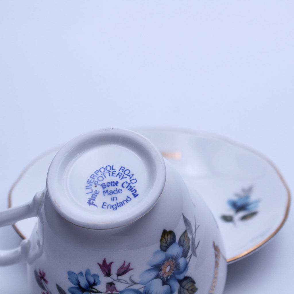 Liverpool Road Pottery Bone China Teacup & Saucer, Blue Floral, Gold Nassau, England