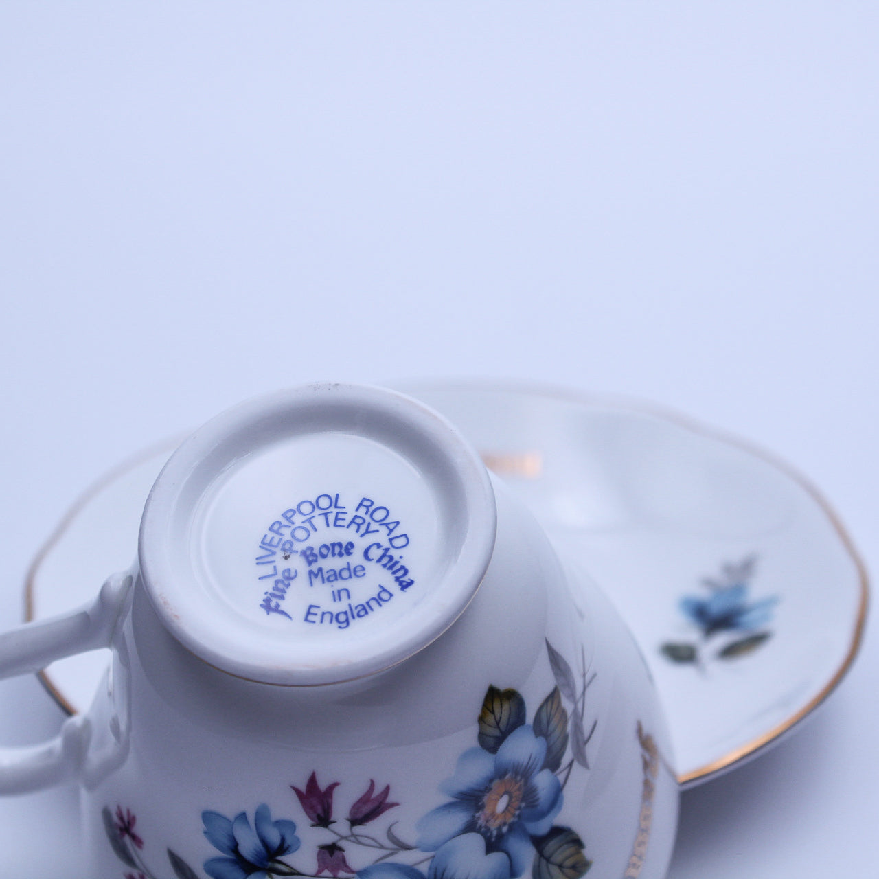 Liverpool Road Pottery Bone China Teacup & Saucer, Blue Floral, Gold Nassau, England
